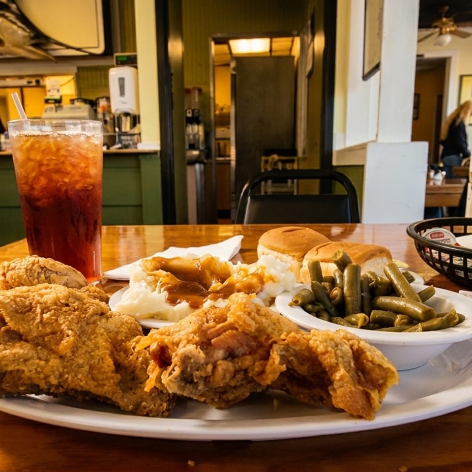 Fried chicken, mashed potatoes, green beans, and rolls on a wooden table in a diner.