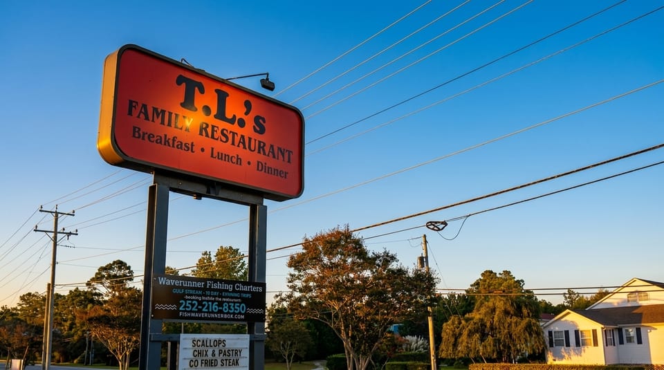 A red and orange sign for T.L.'s Family Restaurant, advertising breakfast, lunch, and dinner.