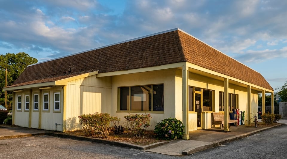 Exterior of a yellow building with a brown roof, large windows, and a covered porch.